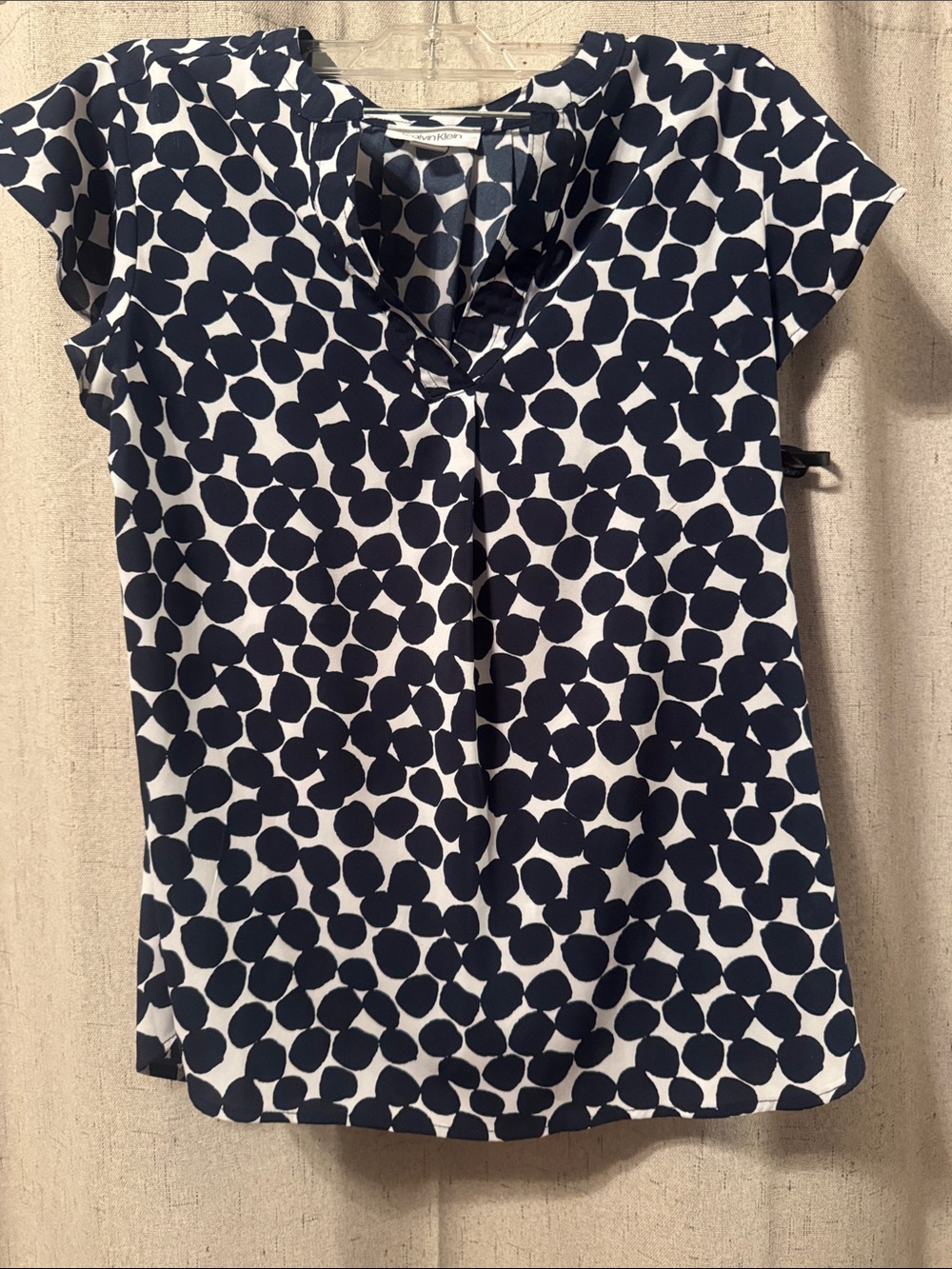 Calvin Klein Navy and White Dot Short Sleeve Blouse